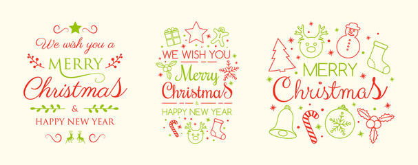 Set with Christmas decorations and greetings. Vector.