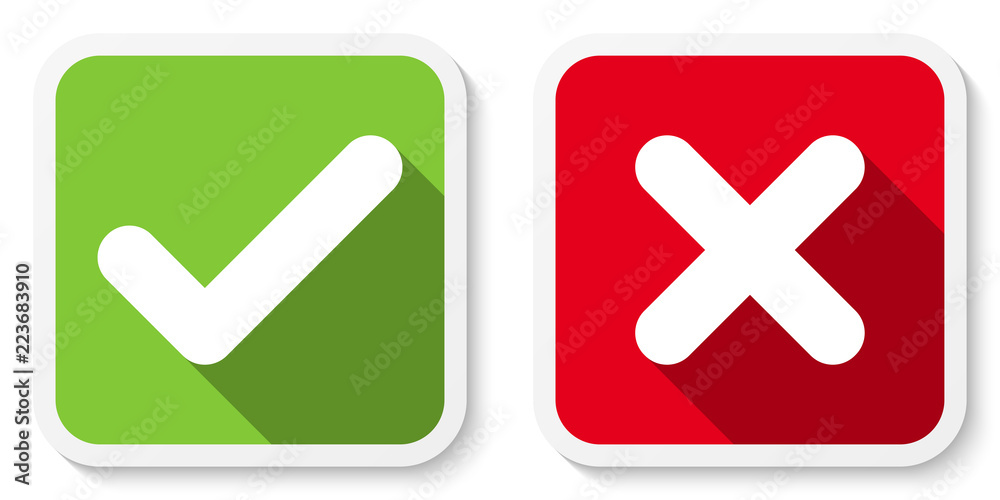Poster set of v and x icons, buttons. flat square check & cancel symbol stickers. vector eps 10