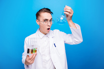 Portrait of clever smart nice handsome caucasian guy in white un