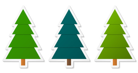 Set of abstract geometric coniferous trees stickers with three shades of green. Vector EPS 10