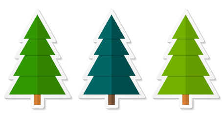 Set 2 of abstract geometric coniferous trees stickers with three shades of green. Vector EPS 10
