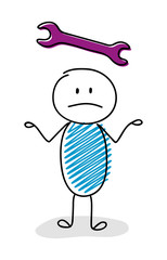 Confused stickman with wrench (work concept) icon. Vector.