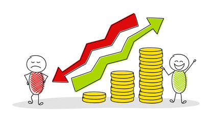 Business pictogram with cartoon stickmen showing graph with coin stacks. Vector.