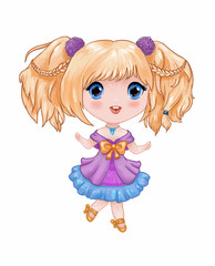 Chibi illustration. Little cute anime girl in purple-blue dress isolated