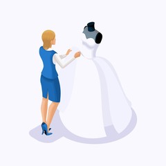 Isometric is a set of tailors sewing wedding dresses, a client on a fitting dress. Sewing the best and luxurious wedding dress in the atelier set 2