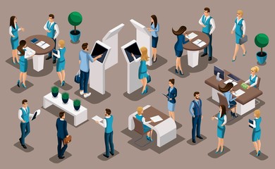 Isometric a set of bank managers in work in the bank's office, ATMs, issuing loans, deposits, customer service, individuals and legal entities