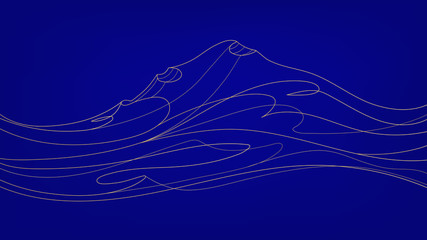 Blue abstract background, cover, wallpaper design with golden line hills, waves. Music premium art concept with waveforms, gold lines, modern print. Electronic, classic musical creative illustration. 