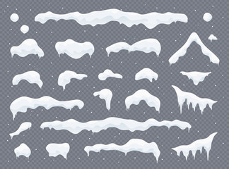 Snow caps, snowballs and snowdrifts set. Snow cap vector collection. Winter decoration element. Snowy elements on winter background. Cartoon template. Snowfall and snowflakes in motion. Illustration.