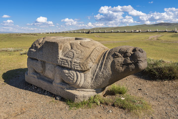 Stone turtle 13th century near Erdene Zuu Monastery, Kharkhorin (Karakorum), Mongolia. It is part of the Orkhon Valley Cultural Landscape World Heritage Site.