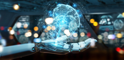 White robot hand using globe network hologram with America Usa map 3D rendering