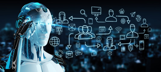 White robot controlling social network icons interface