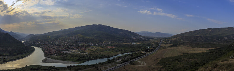 Fototapeta na wymiar Kira and Aragvi, panoramic view near Mtskheta, Georgia Tbilisi, Georgia