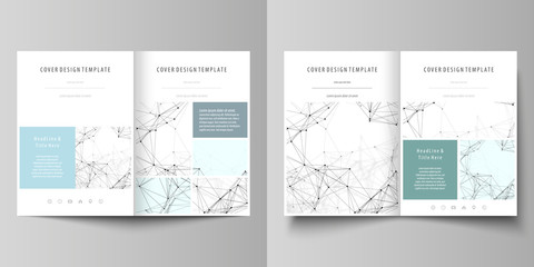 Business templates for bi fold brochure, flyer, report. Cover design template, vector layout in A4 size. Chemistry pattern, connecting lines and dots, molecule structure on white, geometric background