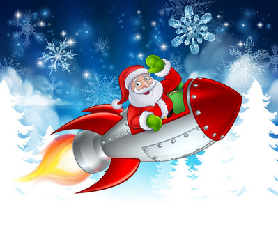 Santa Claus in his Christmas space rocket sleigh flying over a winter wonderland snowy landscape