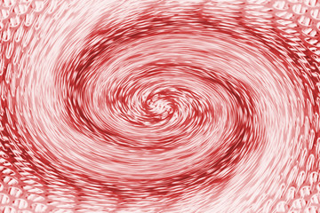 Space matter revolves around a spiral wormhole of red color. Fantastic background image of asymmetric vortex tunnel in center of shot.
