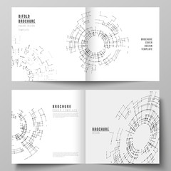 The vector layout of two cover templates for square design bifold brochure, magazine, flyer, booklet. Network connection concept with connecting lines and dots. Technology design digitalbackground