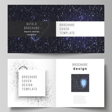 The vector layout of two covers templates for square design bifold brochure, magazine, flyer, booklet. Binary code background. AI, big data, coding or hacker concept, digital technology background.