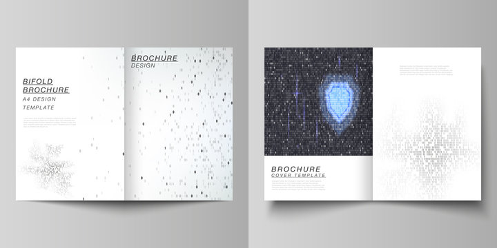 Vector layout of two A4 format modern cover mockups design templates for bifold brochure, flyer, booklet. Binary code background. AI, big data, coding or hacker concept, digital technology background.