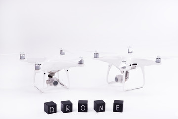Drones on background. Theme buying or selling quadrocopter