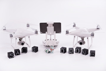 Drones on background. Theme buying or selling quadrocopter