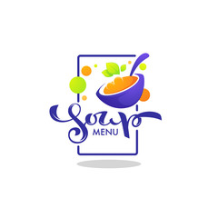 Soup Menu, vector logo template with image of cartoon bowl, spoon silhouette and green leaves - 223688703