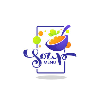 Soup Menu, vector logo template with image of cartoon bowl, spoon silhouette and green leaves