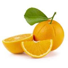 Orang slice and Orange fruit with orange leave isolate on white background. With clipping path