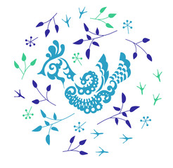 Floral bird pattern small-scale flowers. Ditsy print. Vector. Printing small elegant template fashion. Pretty Boho Paisley circle Wallpaper Tile.