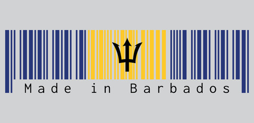 Barcode set the color of Barbados flag, vertical ultramarine and gold color with black trident-head on grey background, text: Made in Barbados. concept of sale or business.