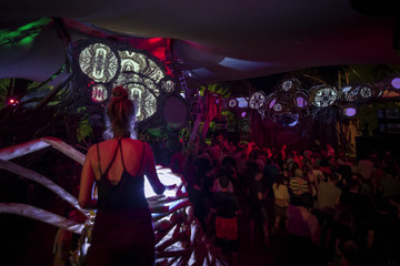 Woman DJ summer festival night people fun psy