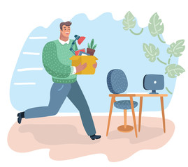 Successful smiling man going to new job with box.