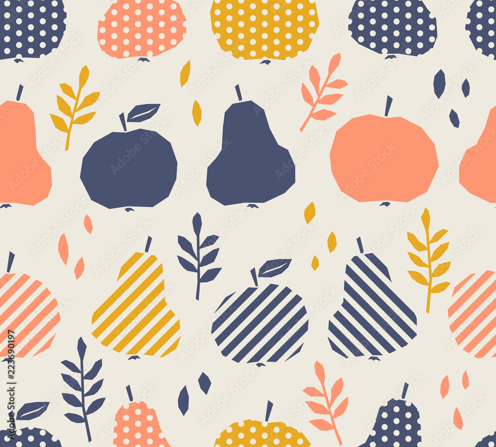 Poster seamless pattern with apples, pears and leaves