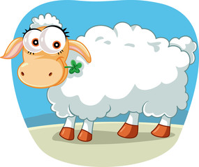 Obraz premium Cute Sheep Chewing a Lucky Clover Cartoon Illustration