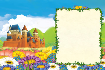 cartoon scene with beautiful medieval castle and frame with space for text - illustration for children