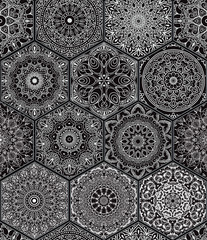 Oriental seamless pattern in style of colorful floral patchwork boho chic with mandala in hexagon elements