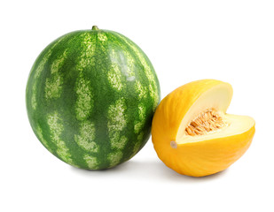Fresh watermelons and melons on white background