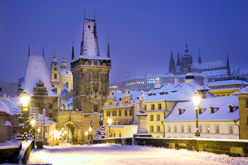 wintertime Charles bridge, gothic Lesser Town bridge tower, Lesser town district, Prague (UNESCO),...