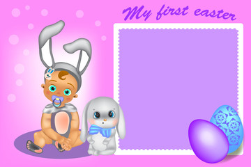 Greeting card for girl - my first Easter. Easter rabbit and little girl with eggs.