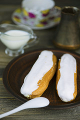 custard cake with cream on the plate