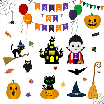 Halloween set of cute elements, objects and icons for your design in a cartoon style, isolated on a white background. Vector, flat