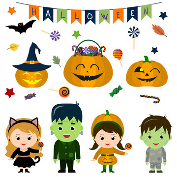 Set of four cute kids in costumes for Halloween, elements, objects and icons for your design in cartoon style, isolated on white background. Vector, flat style
