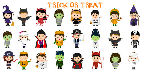 Mega set of Halloween party characters. Twenty four children in different costumes for Halloween on a white background . Cartoon, flat, vector