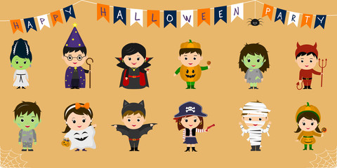 Mega set of Halloween party characters. Twelve cute children in different costumes for Halloween isolated on an orange background. Cartoon, flat, vector