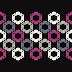 Seamless abstract geometric pattern. Shapes of hexagons. Mosaic texture. Brushwork. Hand hatching. 