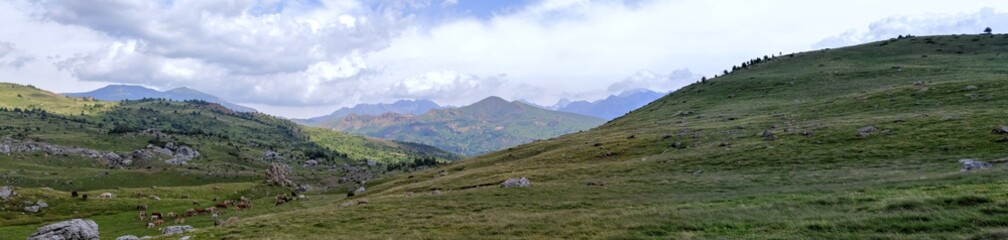 The mountains and the massif along the green path to the Piedrafita de Jaca lake in the aragonese Pyrenees mountains