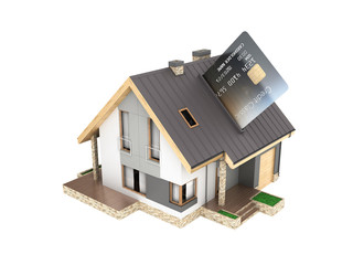 Concept of purchase or payment for housing Illustration of a house as a pos terminal with credit card isolated on white background 3d render without shadow