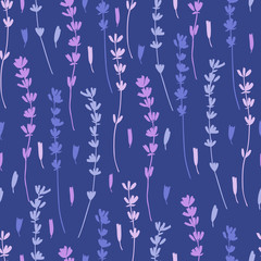 Lavender flower silhouoette isolated on blue background, colorful seamless vector floral pattern, hand drawn texture backdrop, for design wallpaper, decorative textile, fabric, packaging, wedding card