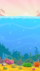 Fototapeta na wymiar Underwater cartoon vertical illustration, empty sea bottom, vector illustration.