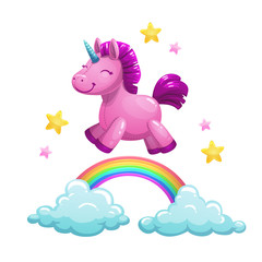 Cute textile unicorn toy running on the rainbow. Vector illustration.