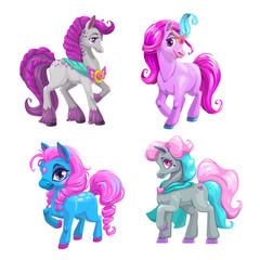 Little cute cartoon pony princess set. Vector beautiful horses icons.